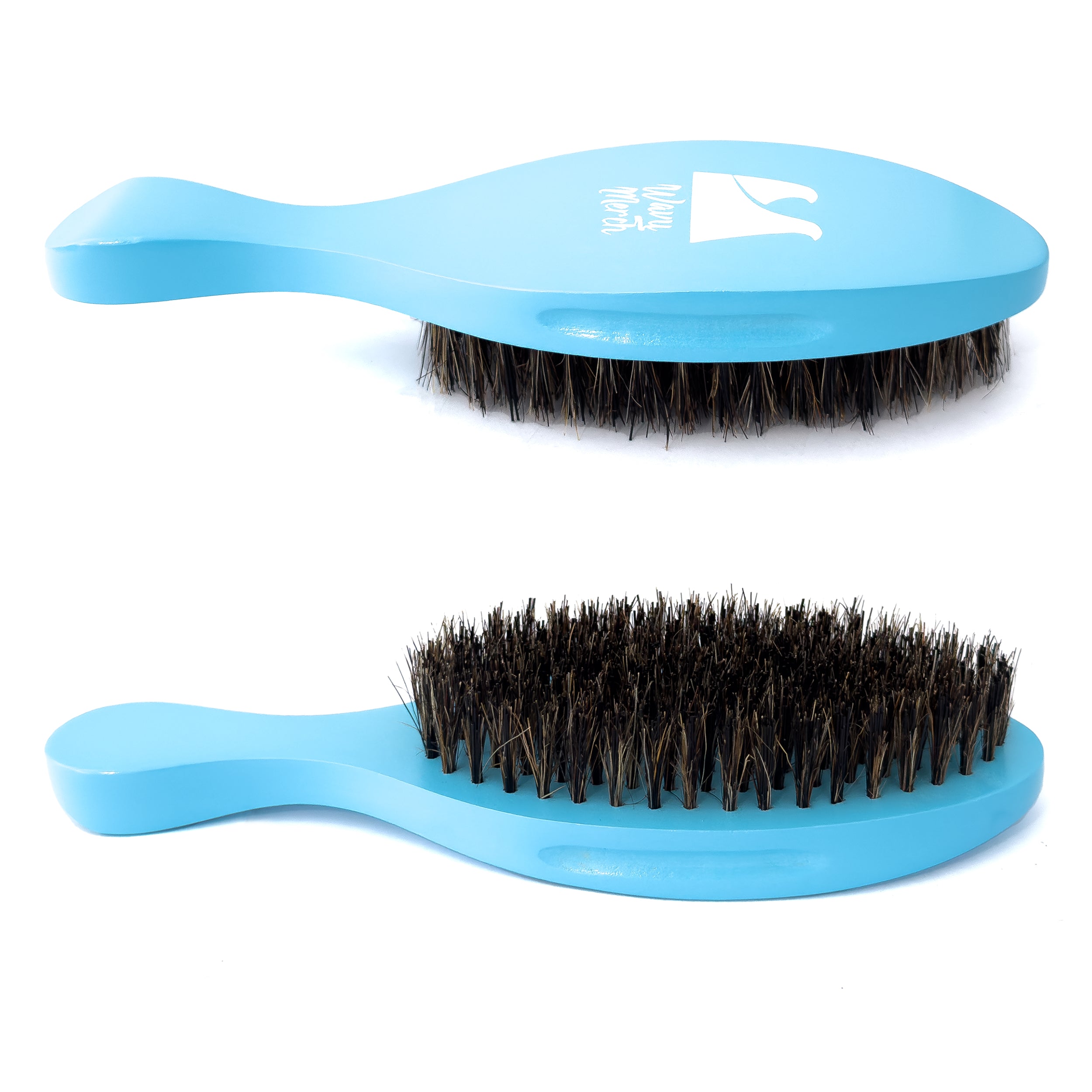 Two blue hairbrushes with black bristles on a white background