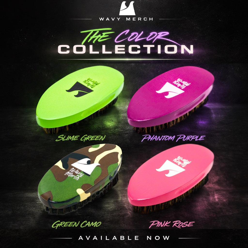 Four hairbrushes with different colors and designs on a dark background, featuring the brand 'Wavy Merch'.