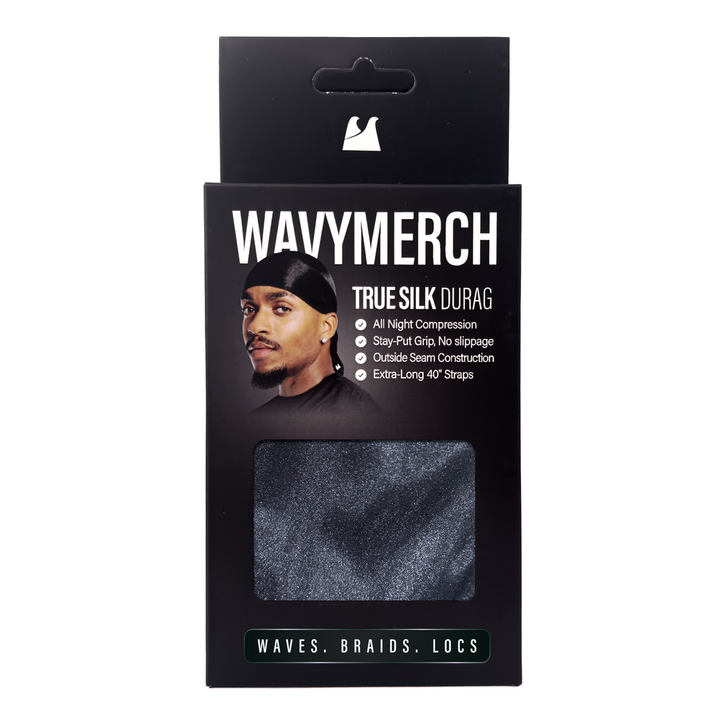 Wavymerch True Silk DURAG packaging with a man wearing a durag on a white background