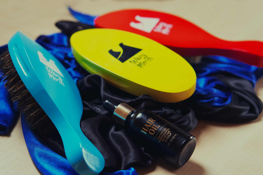hair oil and 3 wave brushes for 360 waves by wavy merch