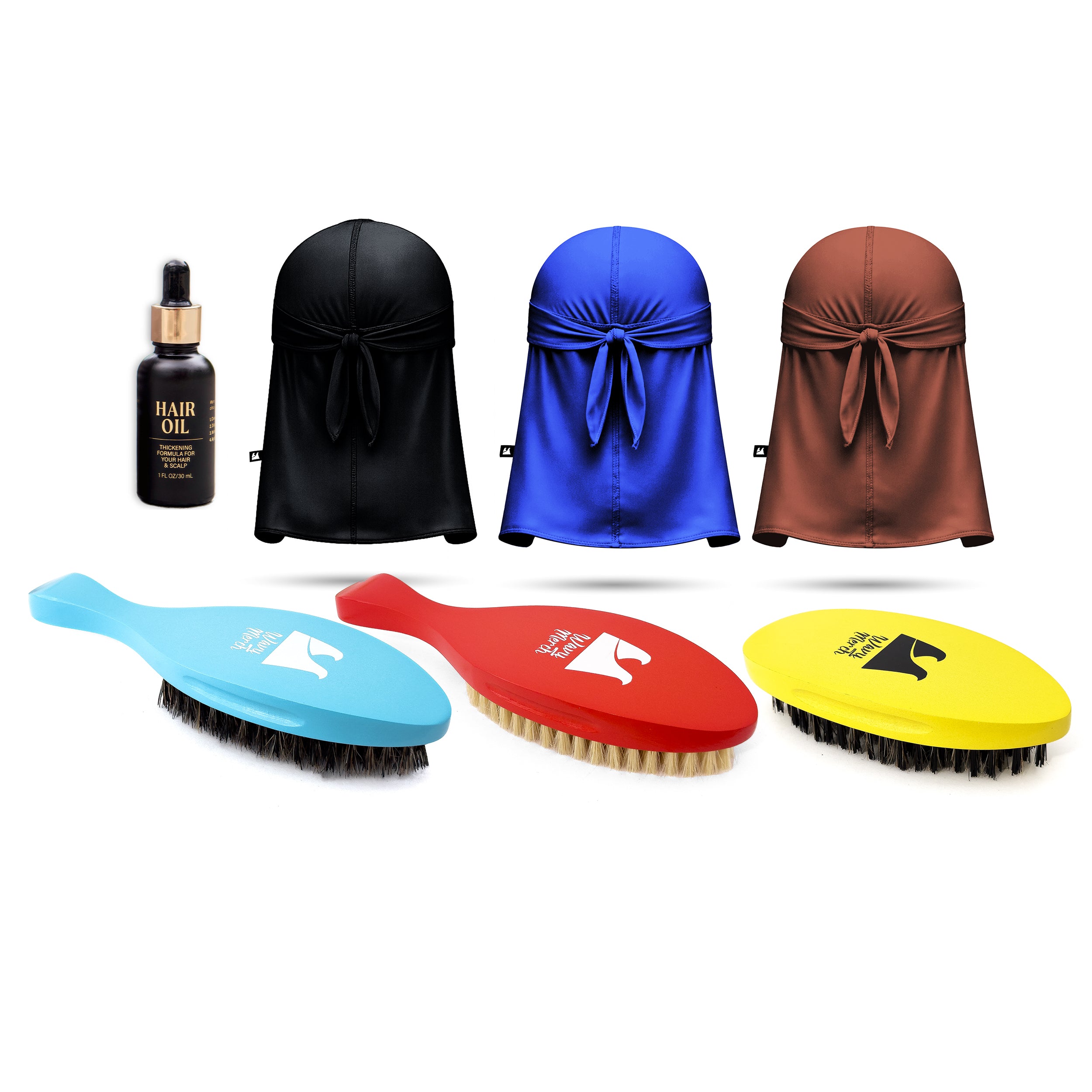 elite waver bundle kit for 360 waves includes 3 wave brushes, 3 silk durags and wave growth hair oil